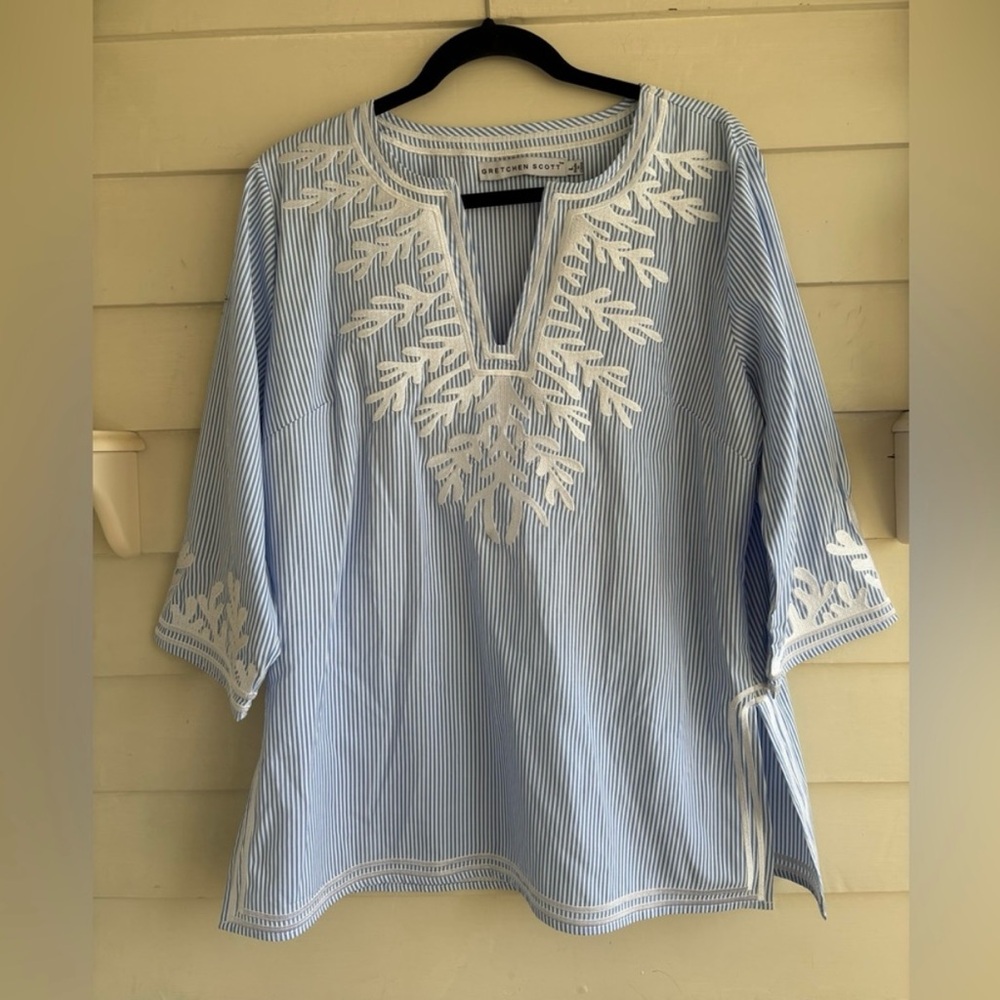 Gretchen Scott Embroidered Pinstripe Tunic The Reef Blue and White Size Large - Picture 4 of 10